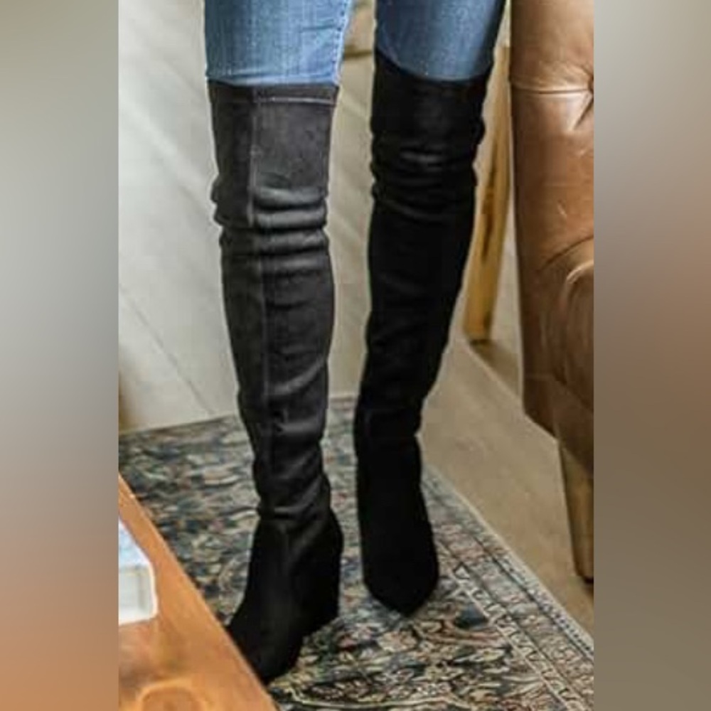 Women Over the Knee Boots Thigh High Suede Black Long Block